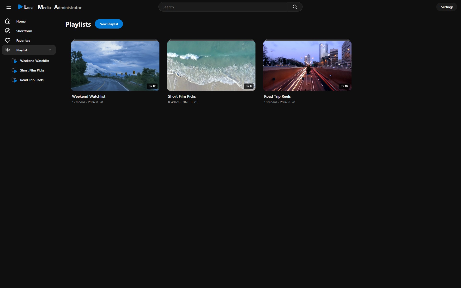 Actual Local Media Administrator playlists screen showing three local playlists